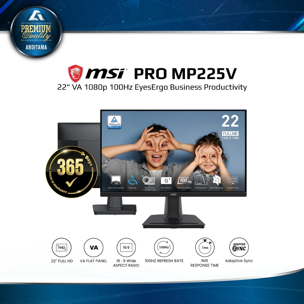Monitor LED MSI PRO MP225V 22" VA 1080p FHD 100Hz HDMI 1.4 x1 VGA x1 VESA 100x100mm EyesErgo Business Productivity