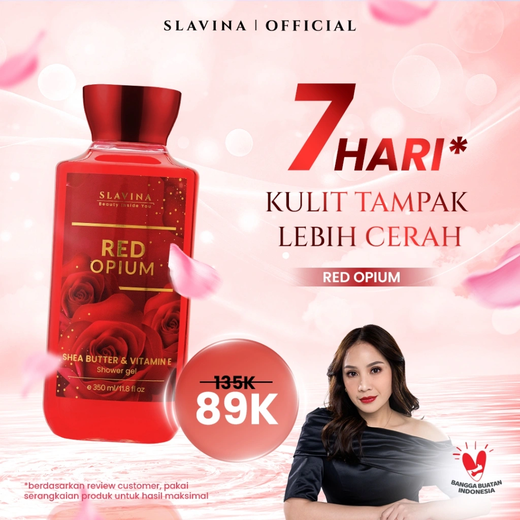 SLAVINA Shower Gel Red Opium by Nagita Slavina – Sabun Mandi Cair Wangi Parfum Mewah Tahan Lama, Body Wash Melembapkan Kulit Dengan Shea Butter & Vitamin E Untuk Kulit Halus Lembut