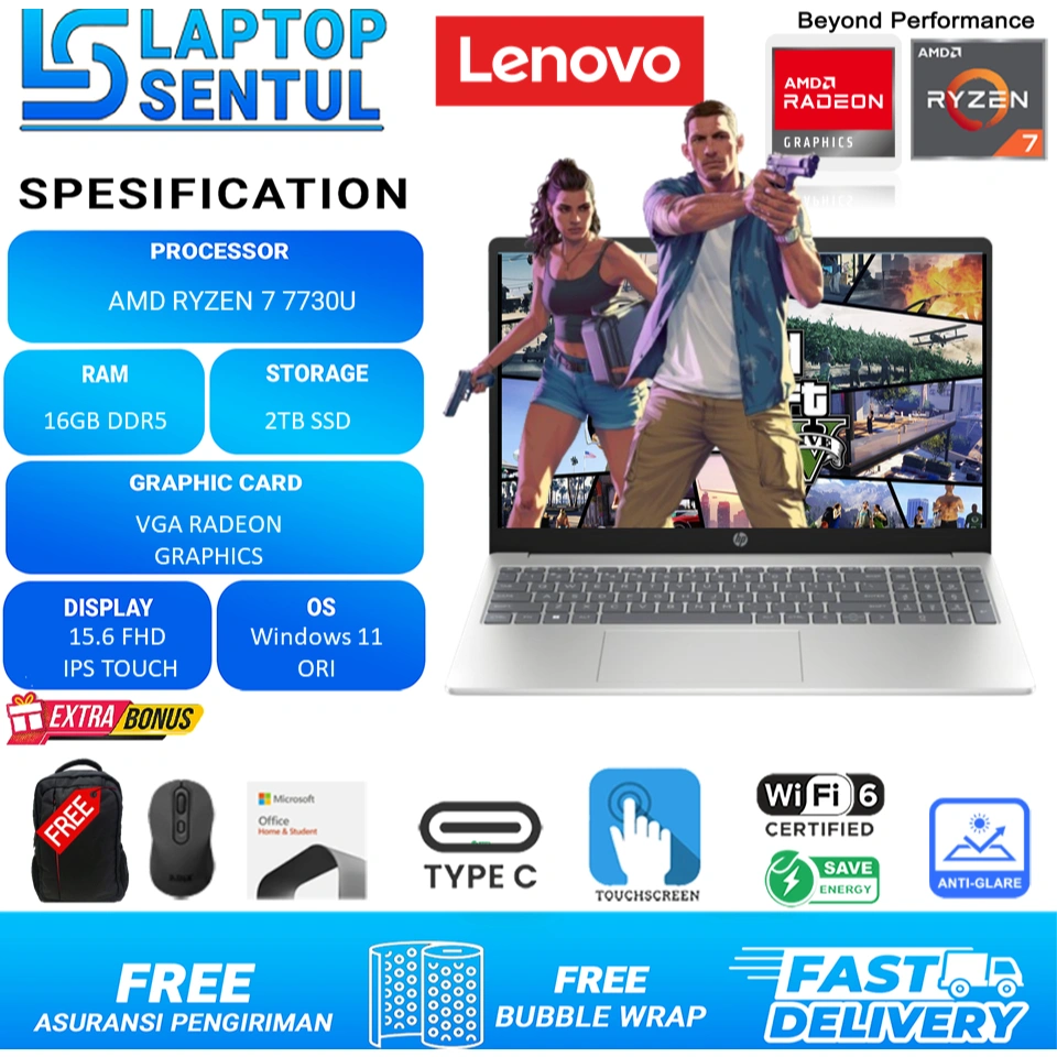 Laptop Gaming Hp 15 - AMD RYZEN 7 7730U 32GB 1TB SSD FHD IPS Touch Windows 11 Office 2024 Silver