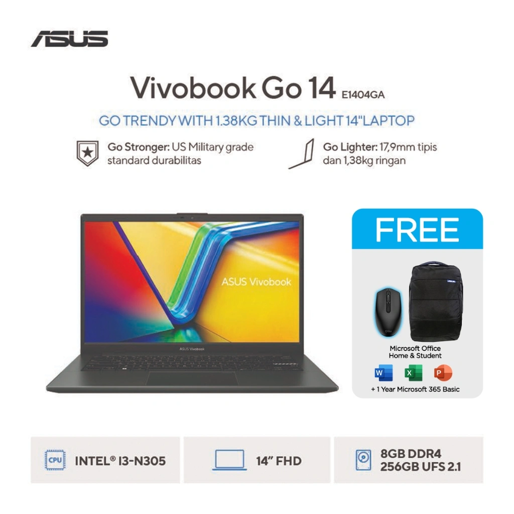 ASUS Vivobook Go 14 E1404GA i3-N305 256GB SSD 8GB FHD Win11+OHS