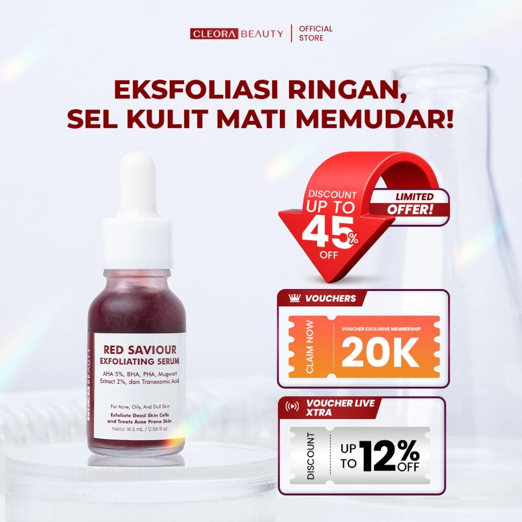 [TERLARIS] Cleora Beauty Peeling Solution Serum - Red Saviour AHA BHA PHA Eksfoliasi Wajah Berminyak Kusam Mencerahkan Skincare Acne Niacinamide Dark Spot Brightening Mengangkat Sel Kulit Mati Kotoran Mugwort Scincare Exfoliasi Perawatan Kulit Pria Wanita