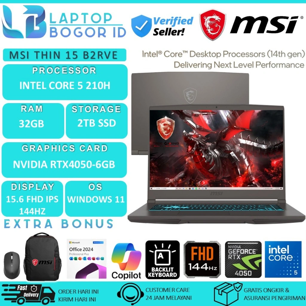 MSI THIN 15 B2RVE Intel Core 5 210H RAM 32GB 2TB SSD RTX4050-6GB FHD IPS 144Hz Windows 11 Home