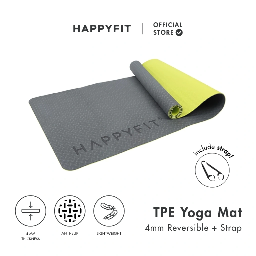 HAPPYFIT - Yoga Mat Reversible TPE 4mm Eco Friendly (FREE STRAP) / Matras Yoga / Matras Olahraga / Matras TPE