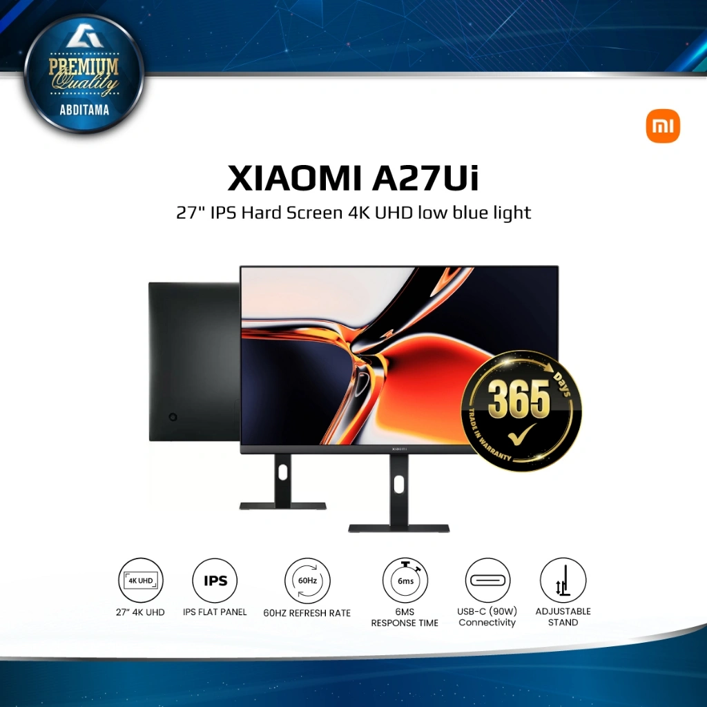 Monitor LED Xiaomi A27Ui 27" IPS Hard Screen 4K UHD 3840x2160 HDMI x2 DP x1 USB-C 90w 4K UHD image quality USB-C reverse charging High colour accuracy low blue light certification Colour matching across screens