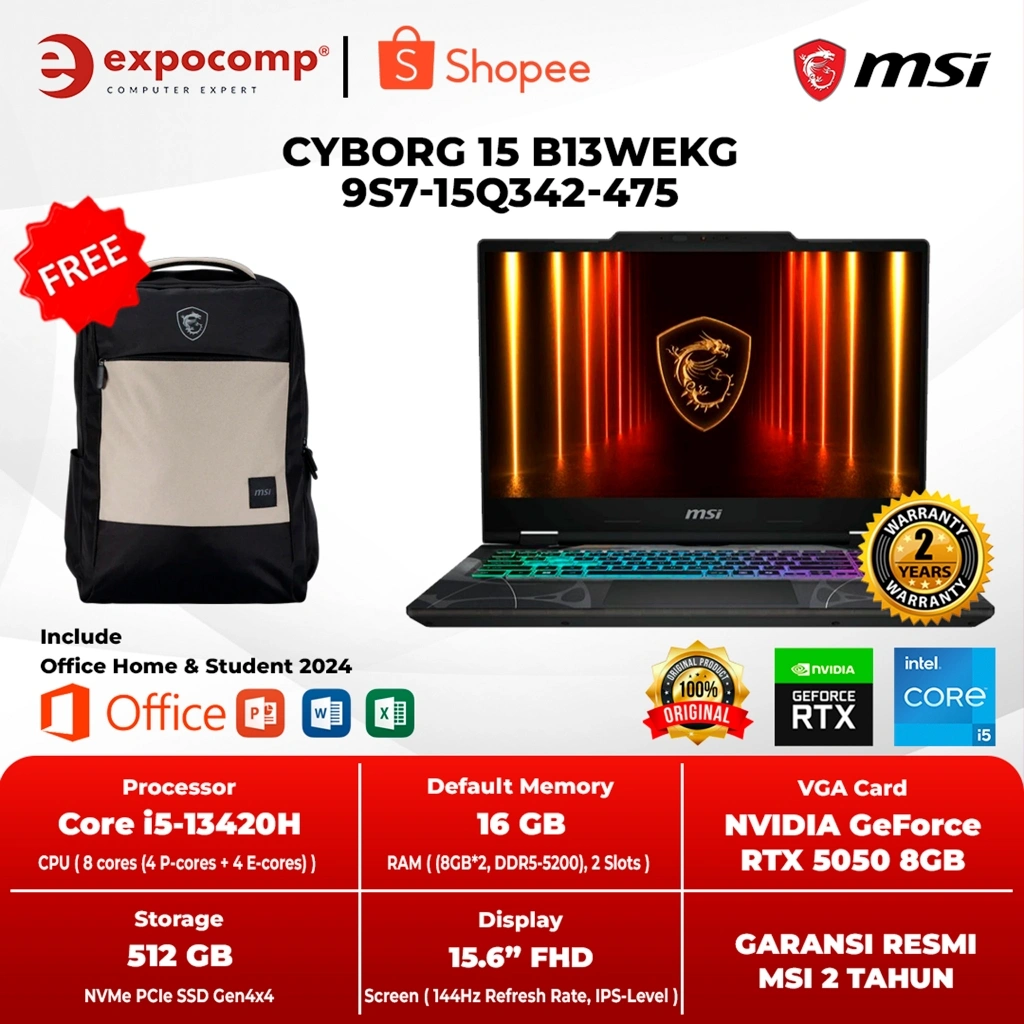MSI GAMING CYBORG 15 B13WEKG 9S7-15Q342-475 GeForce RTX 5050 8GB BLACK INTEL CORE i5-13420H 16GB 512GB SSD  WIN 11 + OFFICE HOME 2024 + M 365 1 YEAR