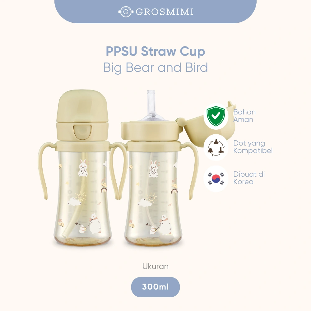GROSMIMI PPSU BIG BEAR and BIRD WEIGHTED STRAW CUP 300ml with ONE TOUCH CAP (Butter)/ Botol Minum Bayi dan Anak dengan Sedotan dan Tutup yang mudah ditekan motif Big Bear and Bird