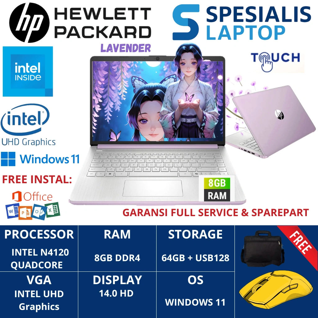 Laptop HP 14 Intel N4120 8GB SSD 256GB 14 Inch Touchscreen Windows 11 Home Lavender