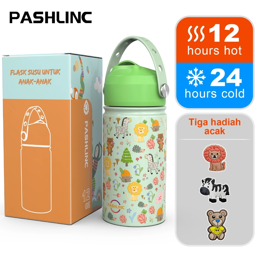 PASHLINC Botol Minum Tumbler Anak 350ml Stainless Steel BPA FREE SUS 304 Dengan Sedotan Silicon Tebal, Penggunaan Nyaman untuk Anak Bermain dan Sekolah