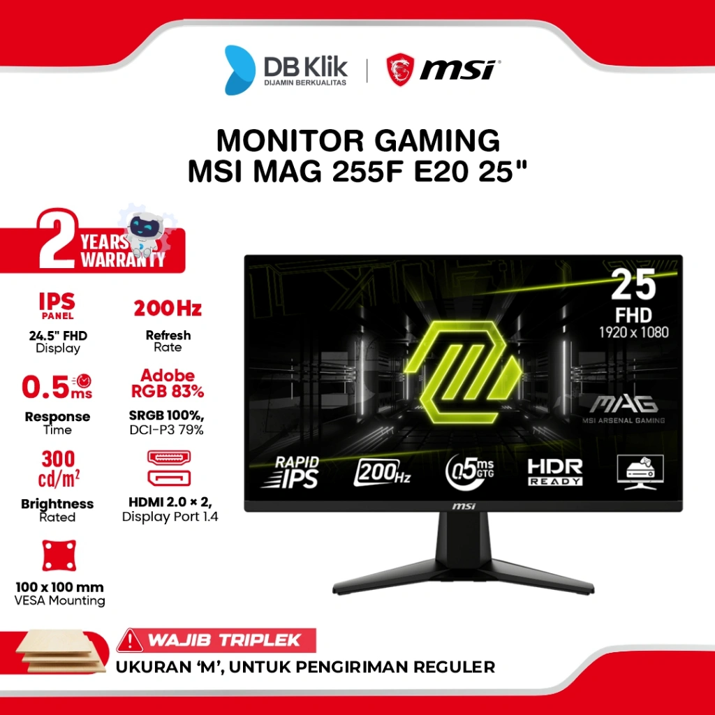MSI LED Monitor Gaming MAG 255F E20 25" Rapid IPS 200Hz 0.5ms AMD FreeSync Premium HDR HDMI DP