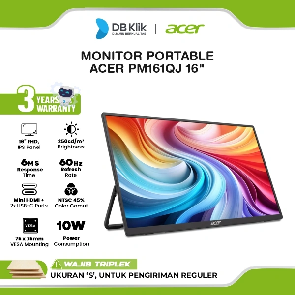 ACER PM161QJ Monitor Portable 16" IPS FHD 60Hz 6ms Built in Speaker Mini HDMI USB-C