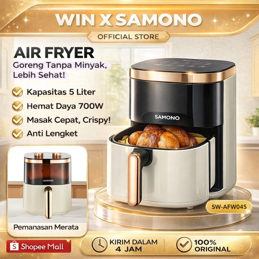 Samono Air Fryer Low Watt 4 Liter 700W Mesin Penggorengan Tanpa Minyak Electric Airfryer Menggoreng Memanggang Membakar Anti Lengket SW-AFW04S - Garansi