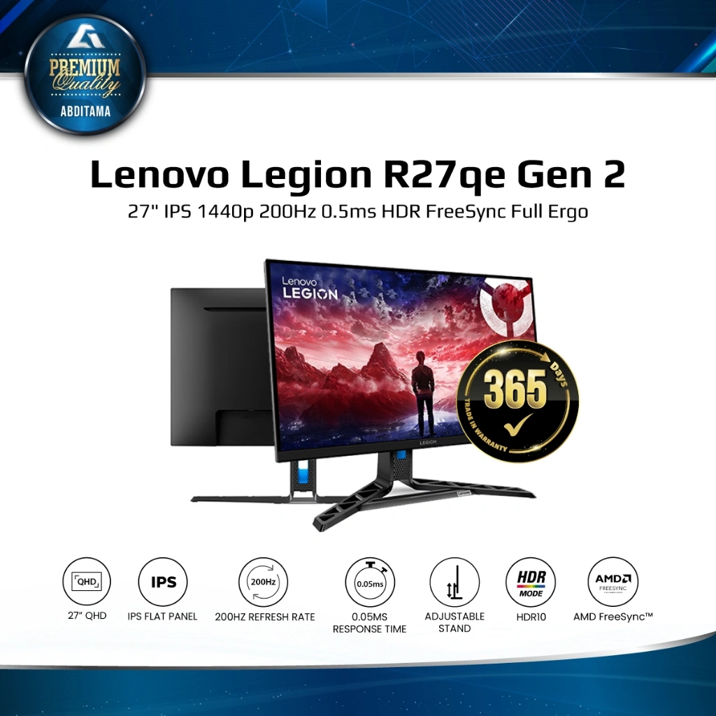 LENOVO R27QE GEN2 27" IPS QHD 1440p 200Hz 0.5ms 99% sRGB HDMI2.1x2 DP1.4x1 HDR FreeSync