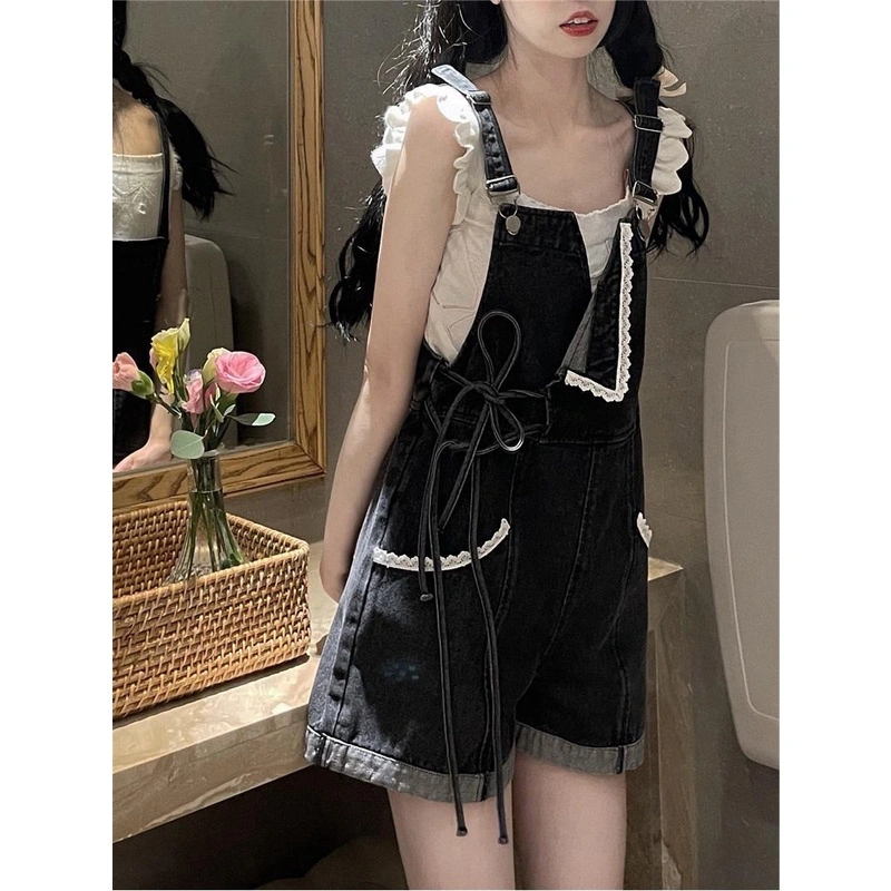 Jumpsuit New Design Celana Kodok Denim  Jumpsuit Pendek Tali Ikat Celana Wanita Desain Baru Celana Lebar Kaki Celana Jumpsuit Korean Style Fashion