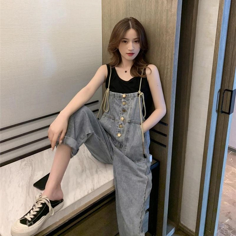 Overall Denim Cropped Kaki Lebar Longgar Wanita