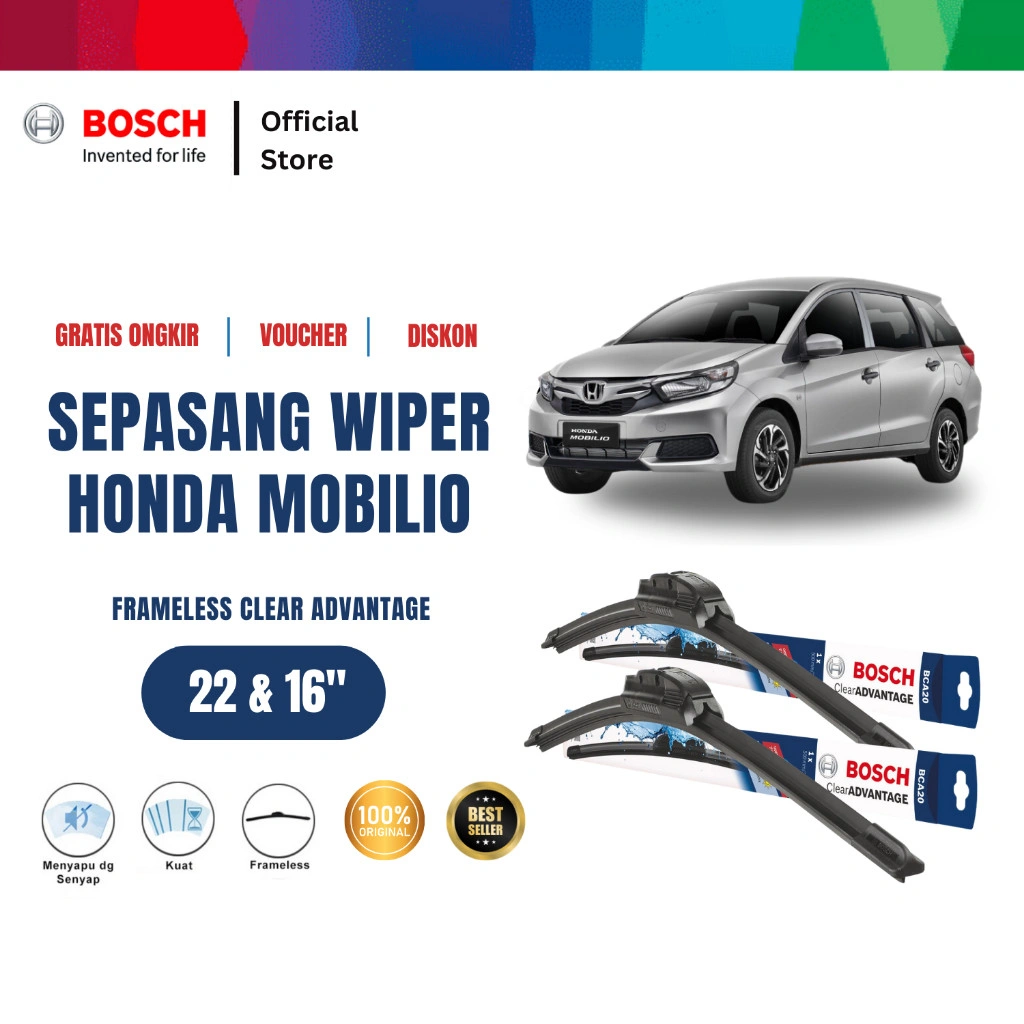 Bosch Sepasang Wiper Mobil Honda Mobilio Frameless Clear Advantage 22 dan 16 Inci