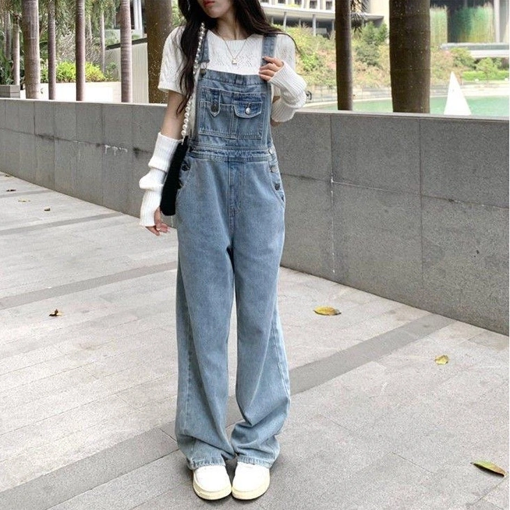 Jumpsuit Jeans Wanita Longgar Dan Lurus