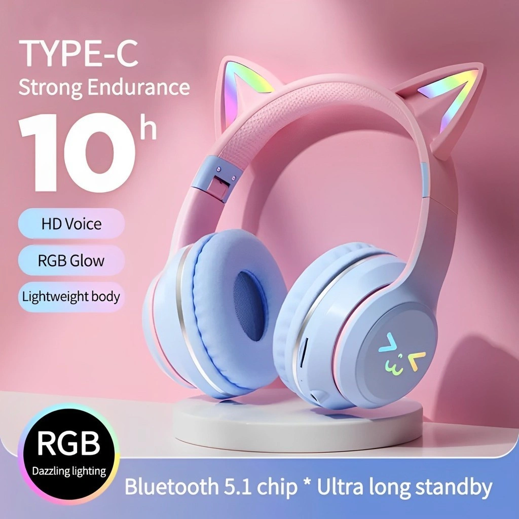 Headphone RGB Headset Hadiah Anak Perempuan Kucing Lucu dengan Mikrofon Headset Gaming Musik Stereo