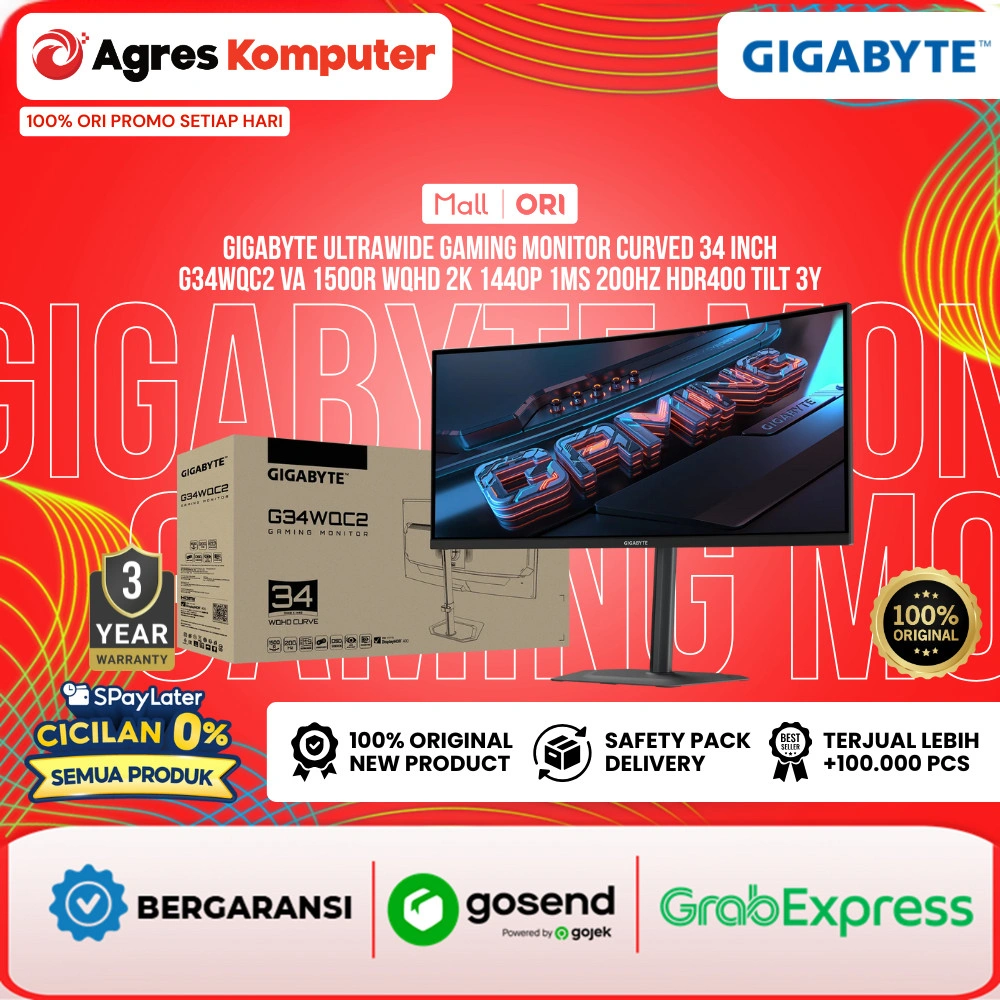 GIGABYTE ULTRAWIDE GAMING MONITOR CURVED 34 INCH G34WQC2 VA 1500R WQHD 2K 1440P 1MS 200HZ HDR400 SPEAKER TILT 3Y