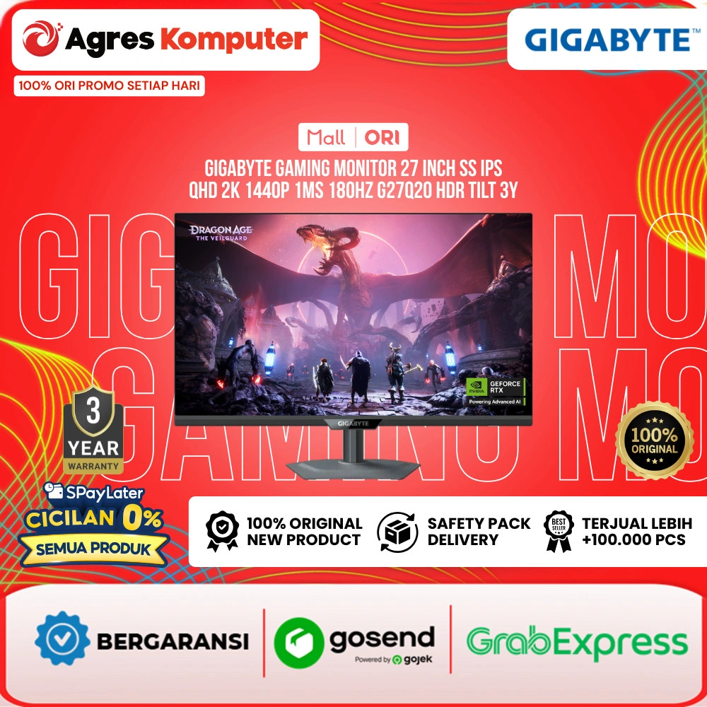 GIGABYTE GAMING MONITOR 27 INCH SS IPS QHD 2K 1440P 0.5MS 210HZ G27Q20 HDR ERGO 3Y