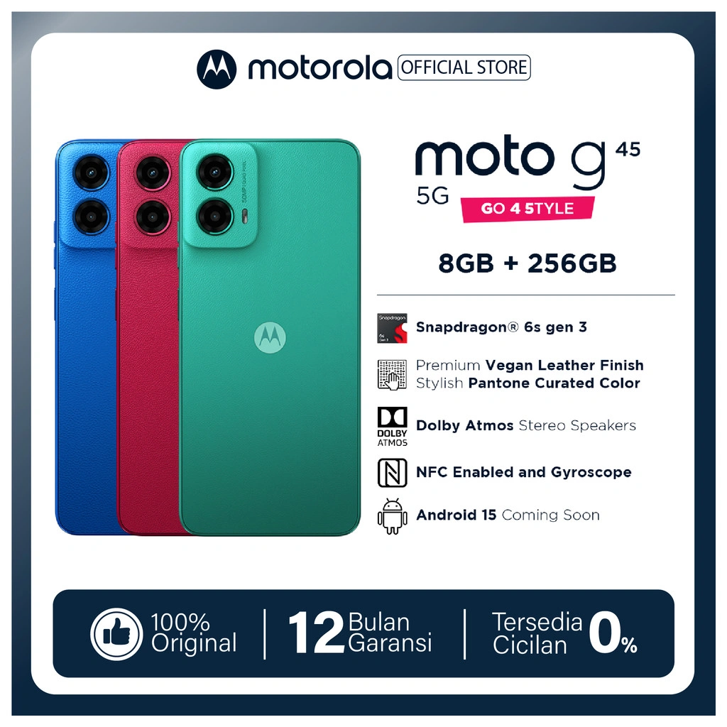 Moto G45 5G 8/256GB - 16GB RAMBoost - Snapdragon6s Gen3 - 6.5" Display 120Hz - IP52 GG3 - 50MP MainCamera - 16MP Selfie - 5000mAh - NFC - Dolby Stereo - Free Charger20W & ClearCase