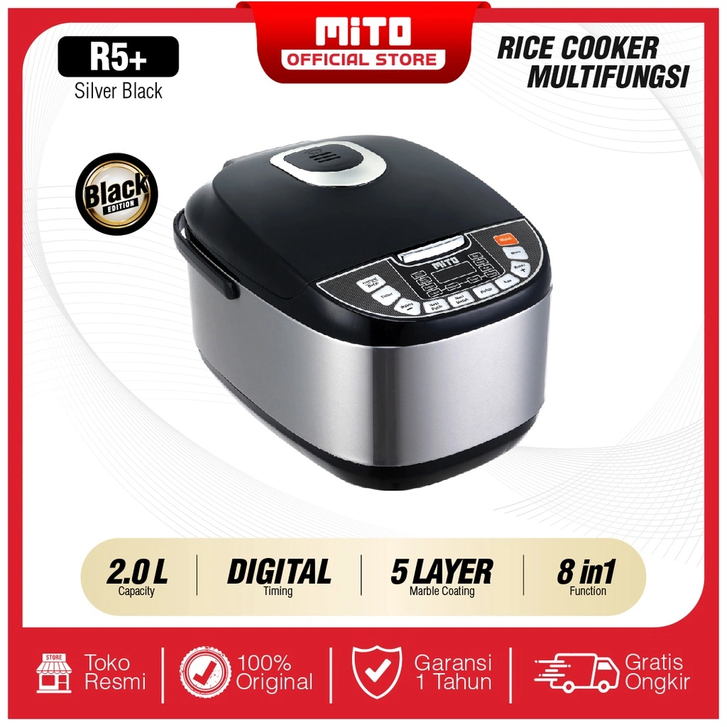 MITO Digital Rice Cooker R5+ Magic Com Penanak Nasi 2L Black Silver Original