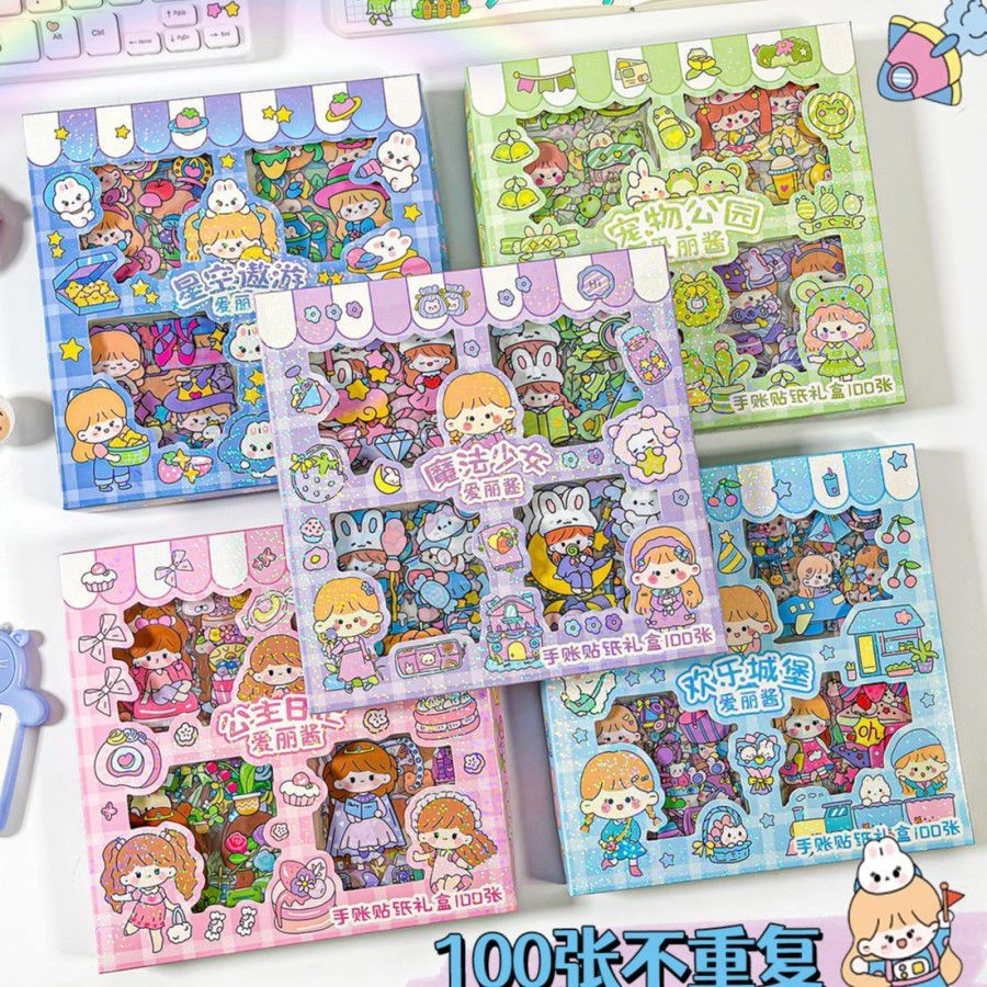 Stiker 2D Motif Kartun Korea / Sticker Plastik Anti Air/ Buku Diary Handbook Scrapbook 100 Pcs