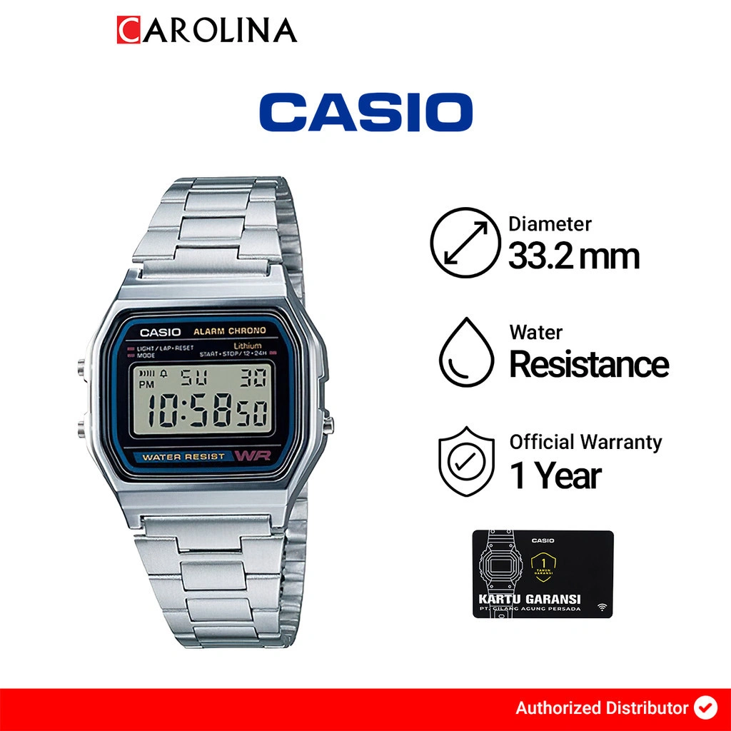 Jam Tangan Pria CASIO A158WA-1D Digital Dial Silver  Stainless Steel Band