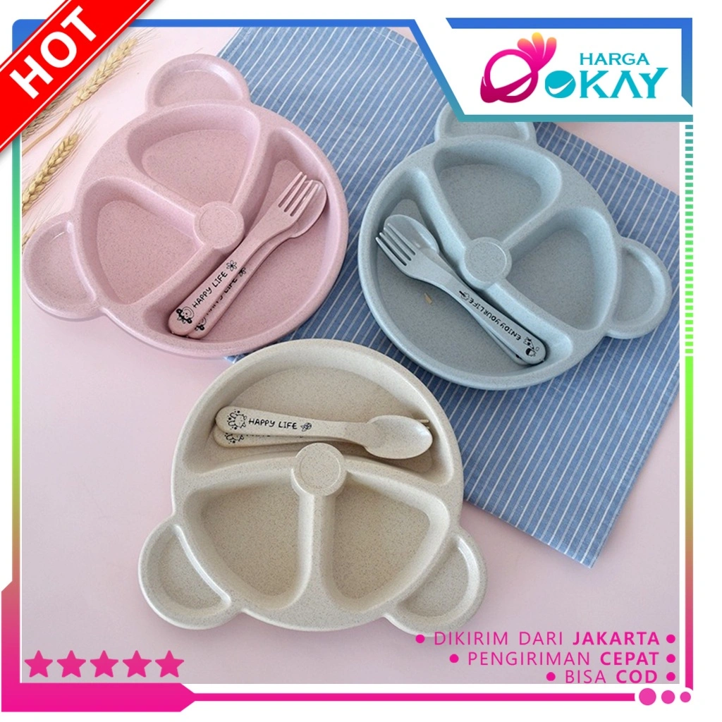 HO Feeding Set Cartoon Tableware Piring Garpu Sendok Lucu Murah Peralatan Makan Anak Set 3-Piece Bentuk Bear Tempat Makan Bayi Bahan Jerami Baby
