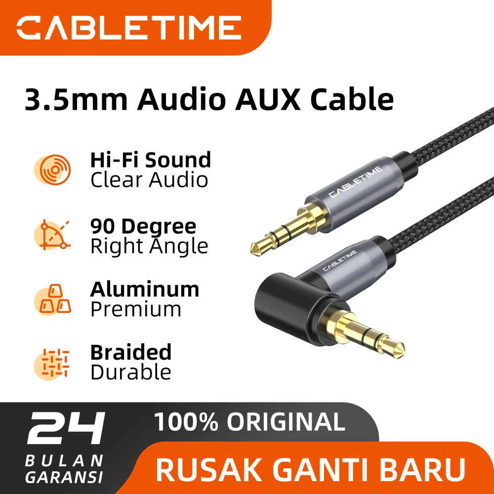 CABLETIME Kabel Aux 3.5mm 90 Degree Right Angle Audio Aux Male To Male