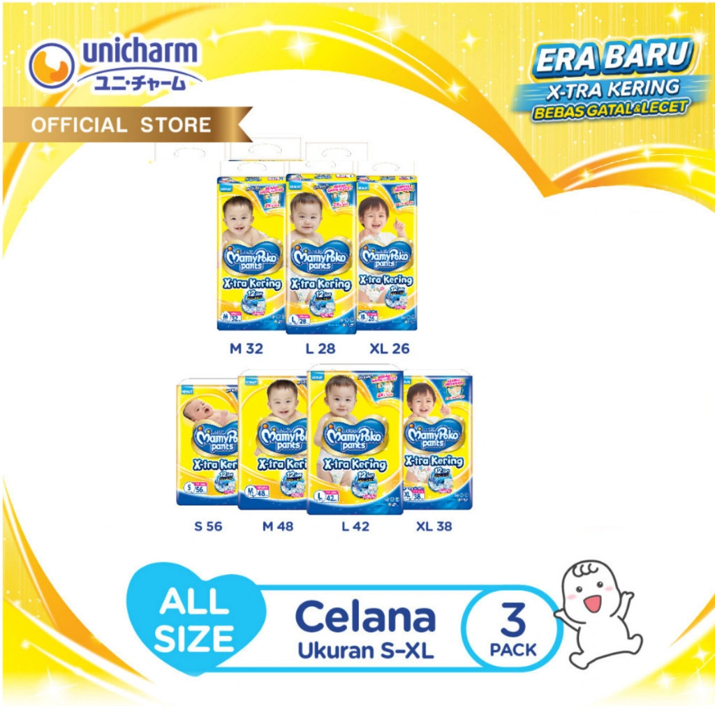 MamyPoko Pants X-tra Kering Celana Size S-XXL - 3 Packs - AMS