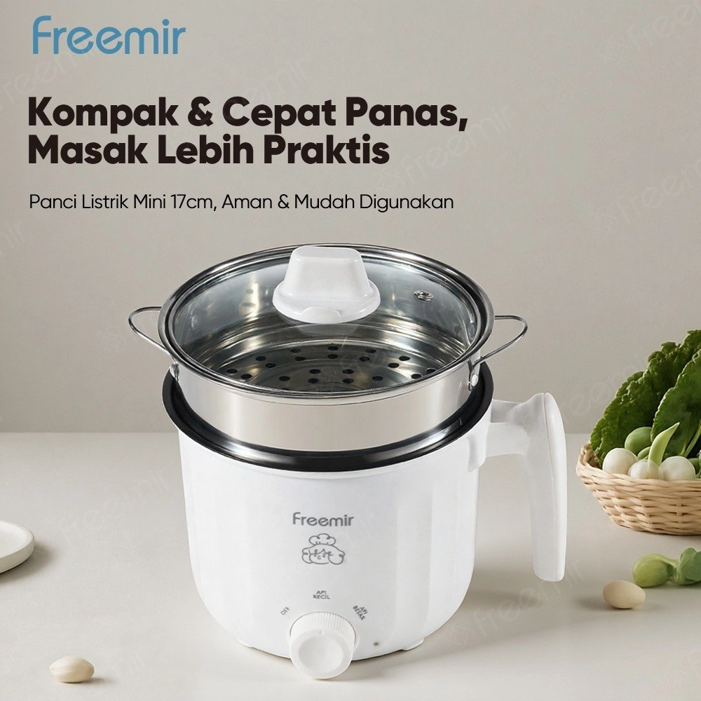 [OFFICIAL] Baru freemir Mini Electric Cooker White 1.2L Anti Lengket Pengukus Serbaguna Foodgrade panci listrik panci kukus