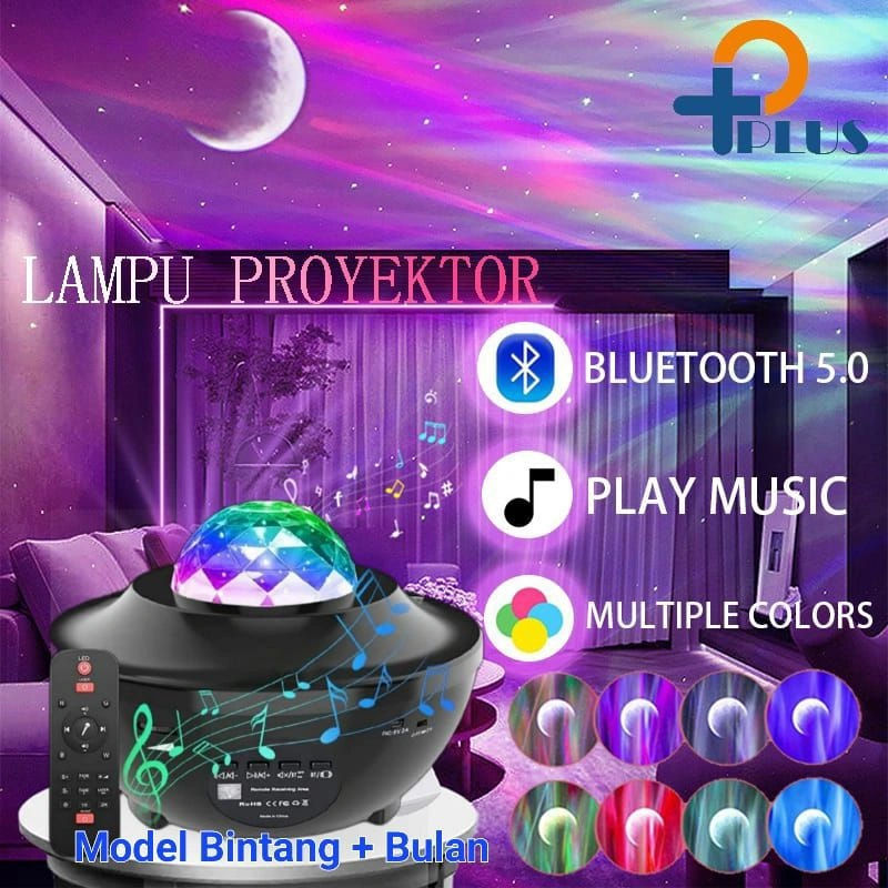 [ Pplus ] Lampu Proyetor Aurora Dengan Speaker Langit Malam Bulan Bintang 2 IN1 Lampu Starry Projector Light Lampu Tidur / Lampu Tidur Proyektor Aurora / lampu dekorasi ruangan live / Starry proyektor  kamar aesthetic / Lampu Proyektor untuk Pesta