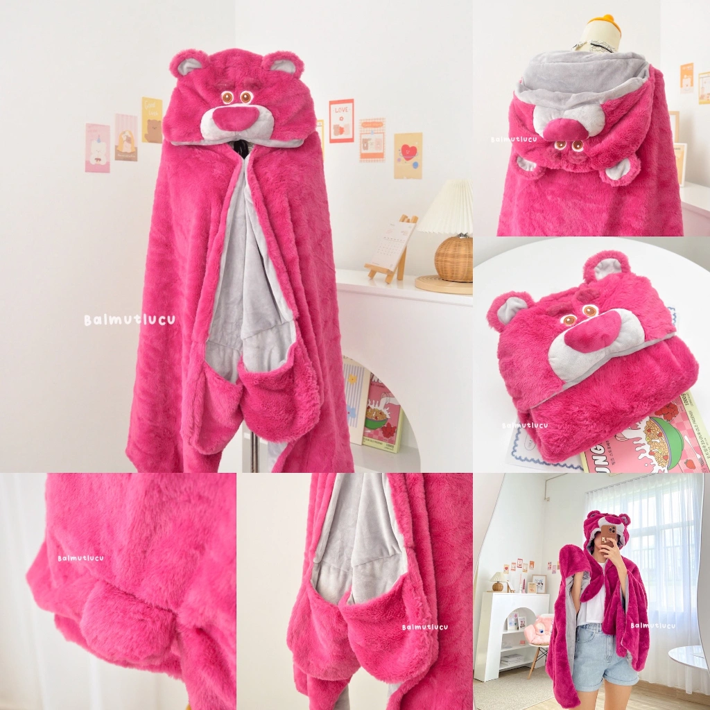 BALMUTLUCU | Selimut Hoodie Karakter Lotso Ada Sarung Tangan | Jubah Selimut Anak Dewasa Lucu