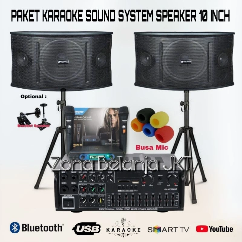 PAKET KARAOKE SOUND SYSTEM SPEAKER 10 INCH AMPLI USB BLUETOOTH MIC WIRELESS KARAOKE RUMAHAN SIAP PAKAI ( SET 4 )