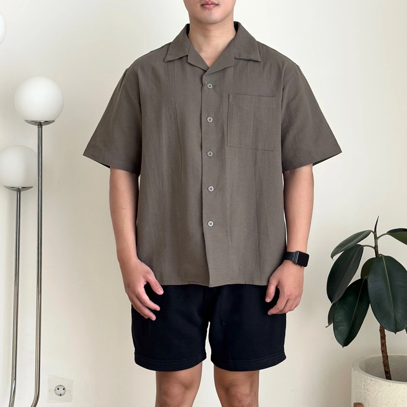 COZYCLUB Cuban Bowling Boxy Oversized Linen Shirt  | Kemeja Linen Bowling Polos Pria Kerah Terbuka Lengan Pendek | 81