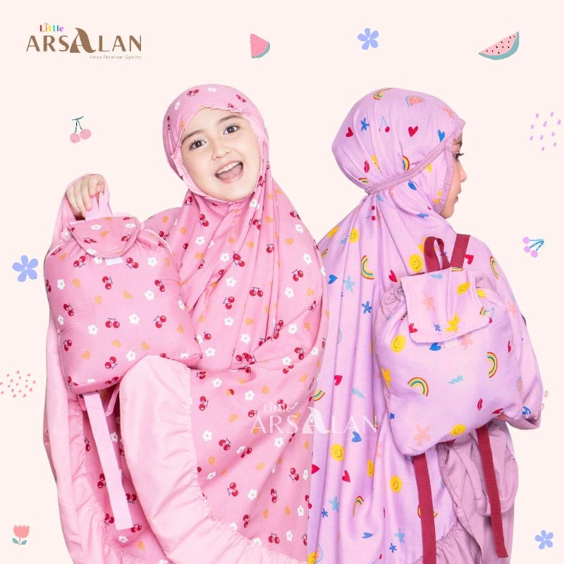 Mukena Anak Tas Ransel motif Cherry Pelangi | Mukena Katun Rayon TK SD Tanggung | Mukena Arsalan