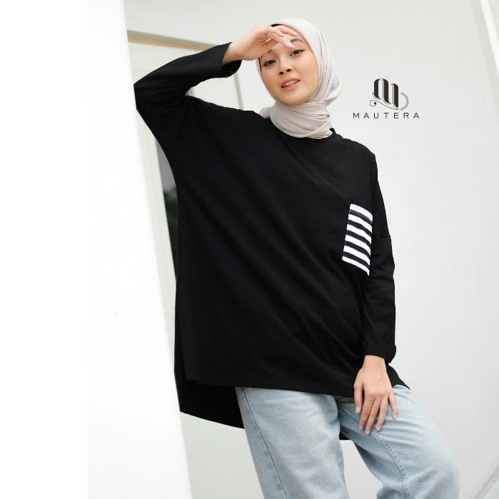 Mautera Kaos Oversize Wanita Lengan Panjang Cotton Combed Soft Premium Hitam