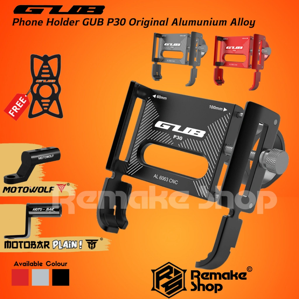 GUB P30 Original Holder HP Motor Full Besi Alumunium Alloy Breket Tempat Handphone Dudukan Penyangga Tatakan Ponsel di Stang Spion Sepeda Motor