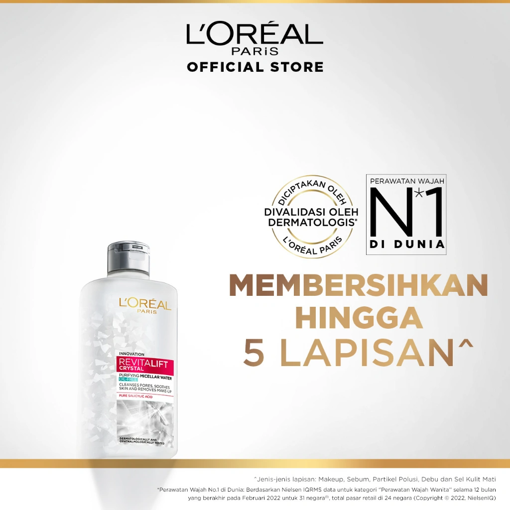 L'Oreal Paris Revitalift Crystal Purifying Micellar Water Skin Care - 95/400ml (Membersihkan Sampai Ke Pori, Menghapus Makeup & Menenangkan Kulit)