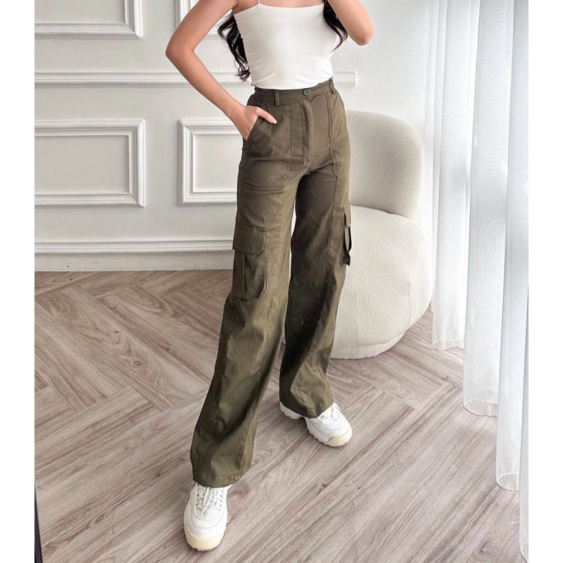 ZAYIDA - Rora Cargo Pants - Celana Cargo Wanita Katun Twill Stretch Highwaist Loose Korean Jumbo