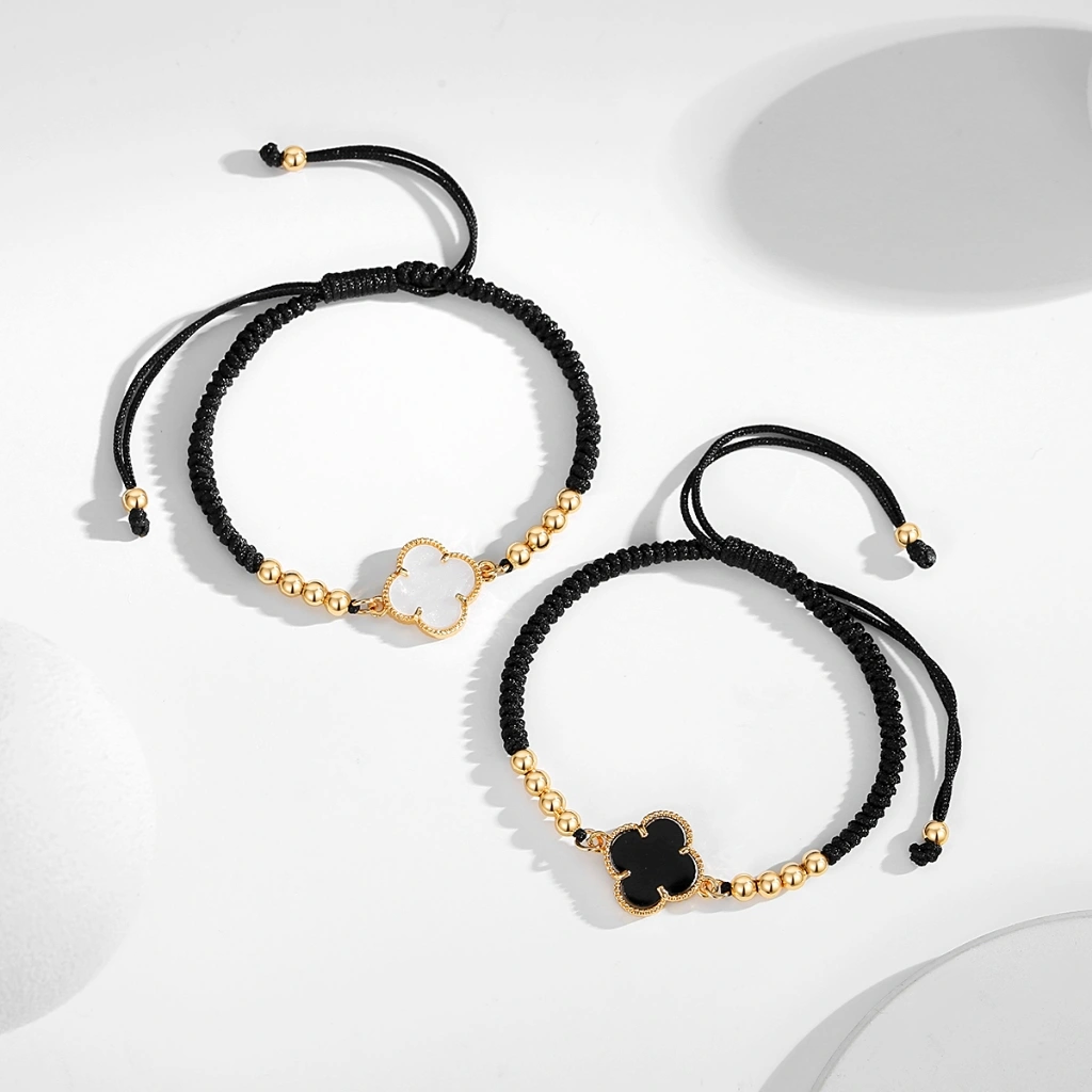 Lanmi Jewelry Gelang Tali Semanggi Empat Daun Berlapis Emas Aksesori Fashion Wanita Dewasa Dapat Disesuaikan LM505