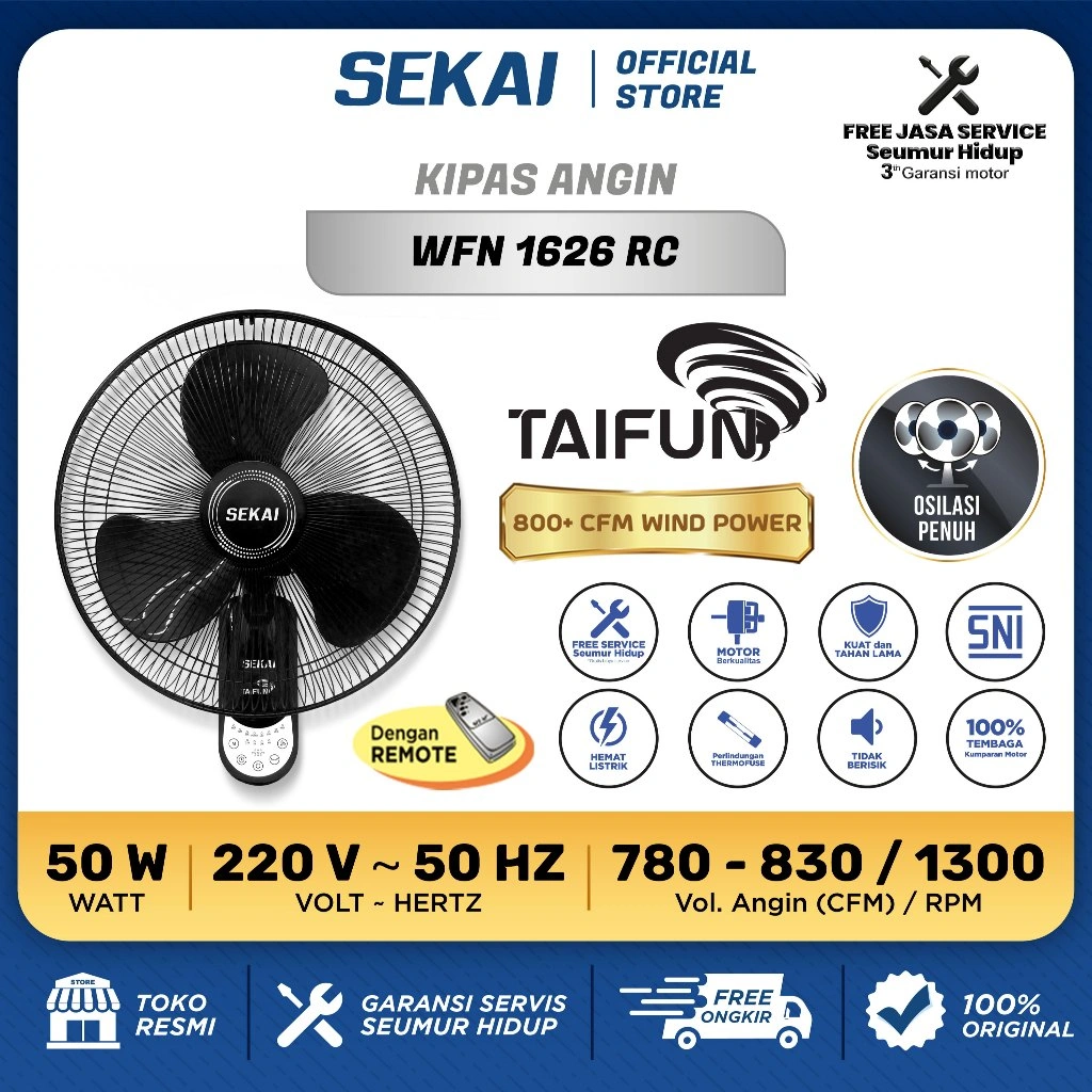 SEKAI Kipas Angin Dinding / Wall Fan Tornado 16 Inch Taifun Series & Eco Series  -  WFN 1626 / WFN 1627 / WFN 1628 / WFN 1626 RC / WFN 1627 RC / WFN 1628 RC