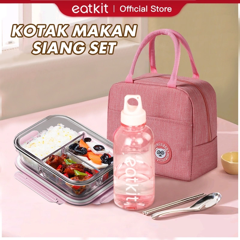 Eatkit Lunch Box Set 1000ml Tempat Makan Siang Kaca 3 Sekat Tahan Panas Botol Minum 500ml BPA Free