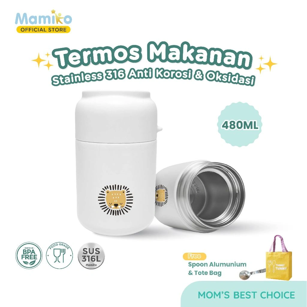 [Termos Tahan Panas 24 Jam] Mamiko Termos Makanan Sup Mpasi Anak Bayi 480 ML | Thermal Food Jar Thermos | Gratis Sendok Sendok Makan & Tote Bag | Termos Anti Karat Tahan Panas Dingin 24 jam