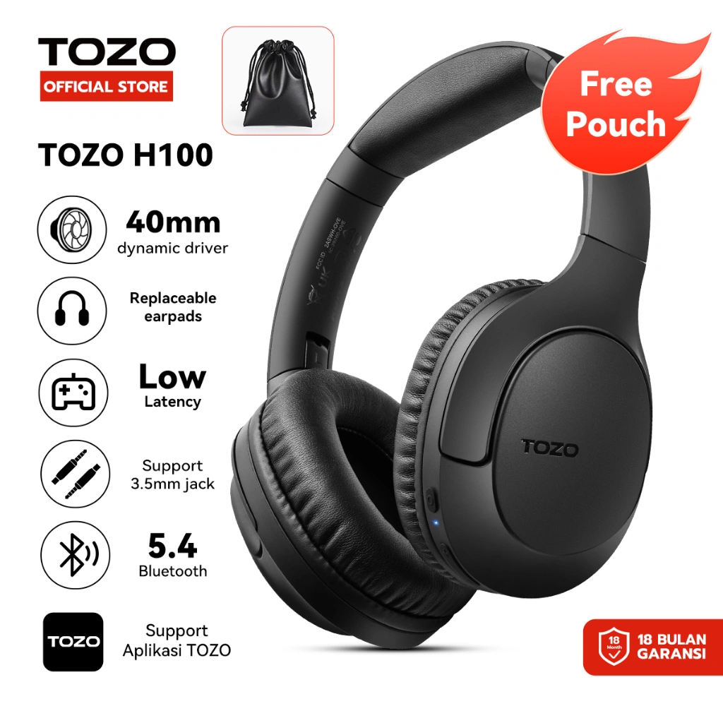 (Earpads Bisa Diganti) Tozo H100 Over Ear Headphone Wireless ENC Clear Calls Deep Bass Foldable Wireless Headset 70H Playtime Bluetooth 5.4 Aux + Type C-Type C cable ORIGX2.0