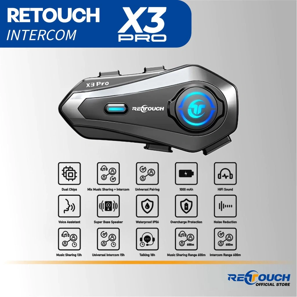 RETOUCH X3 PRO Intercom Bluetooth Helmet | Call | Music Sharing + Intercom | Waterproof IP56 | Tahan Air