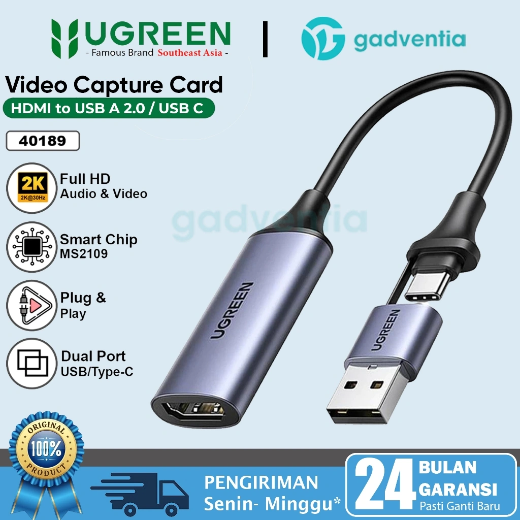 UGREEN Video Capture Audio Card Single HDMI To 2 In 1 USB 2.0 Type C Full HD 4K 60Hz Gaming Live Streaming Dari Kamera DSLR Camera Mirrorless Video Recorder For Display Macbook iPad iPhone Windows Android