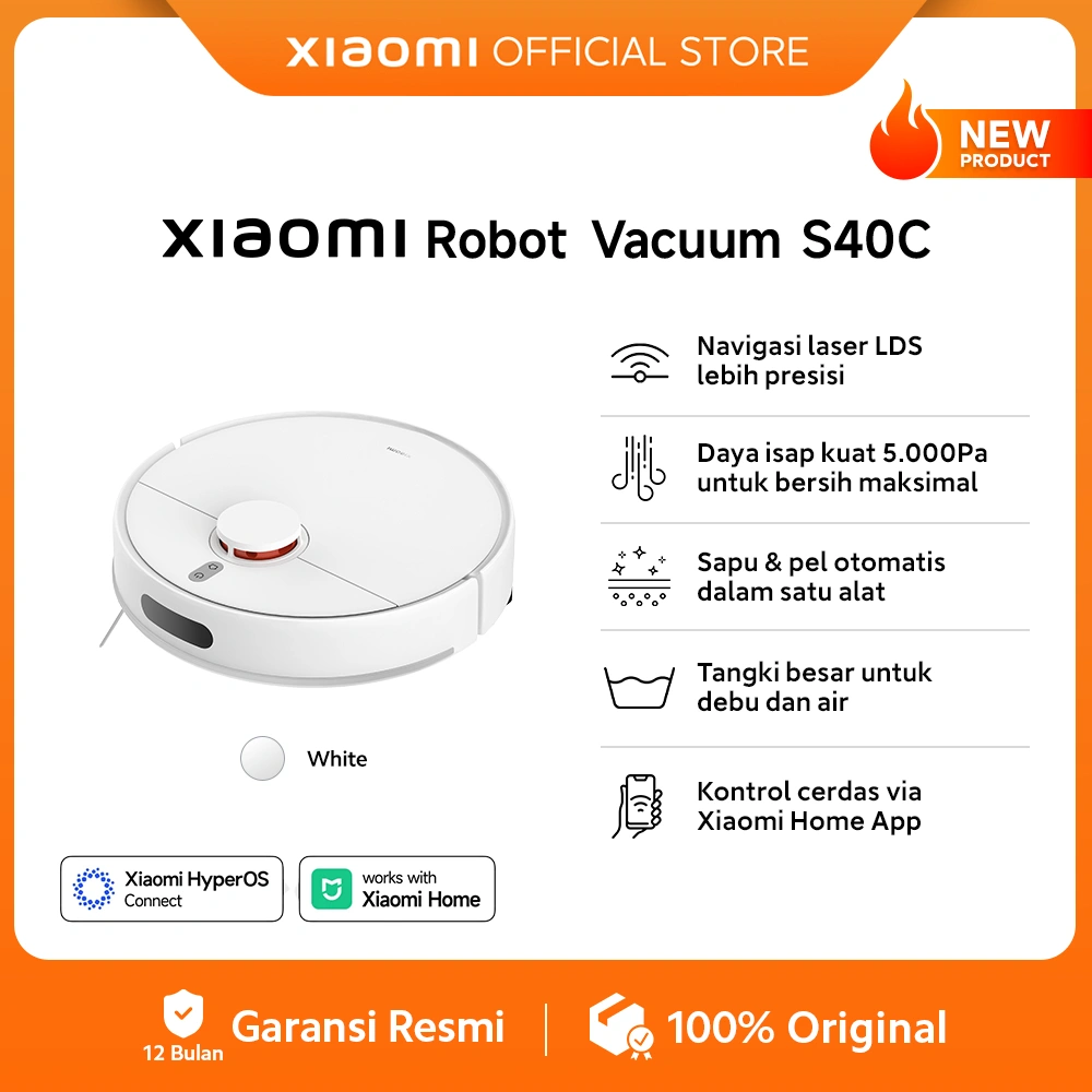 Xiaomi Robot Vacuum S40C | Navigasi laser LDS lebih presisi | Kontrol cerdas via Xiaomi Home App | Sapu & pel otomatis dalam satu alat | Daya isap kuat 5.000Pa untuk bersih maksimal | Tangki besar untuk debu dan air [Official Store]