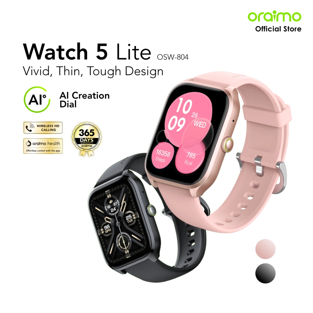 oraimo Watch 5 Lite Smartwatch OSW-804 Jam Tangan Pintar Layar Besar 2.01'' Bluetooth Baterai Tahan Lama Tahan Air Debu AMOLED Android Smartwatch Health Watch Jam 100+ Mode Olahraga IP68