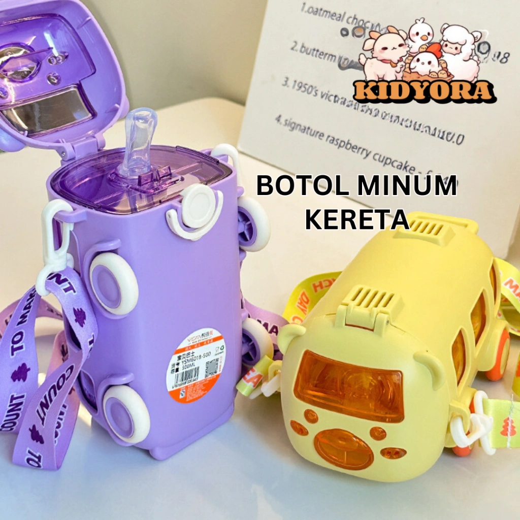 KIDYORA Botol Tempat Minum Anak Sekolah Laki Laki Perempuan Bentuk Motif Mainan Mini Bus Mobil 500ml